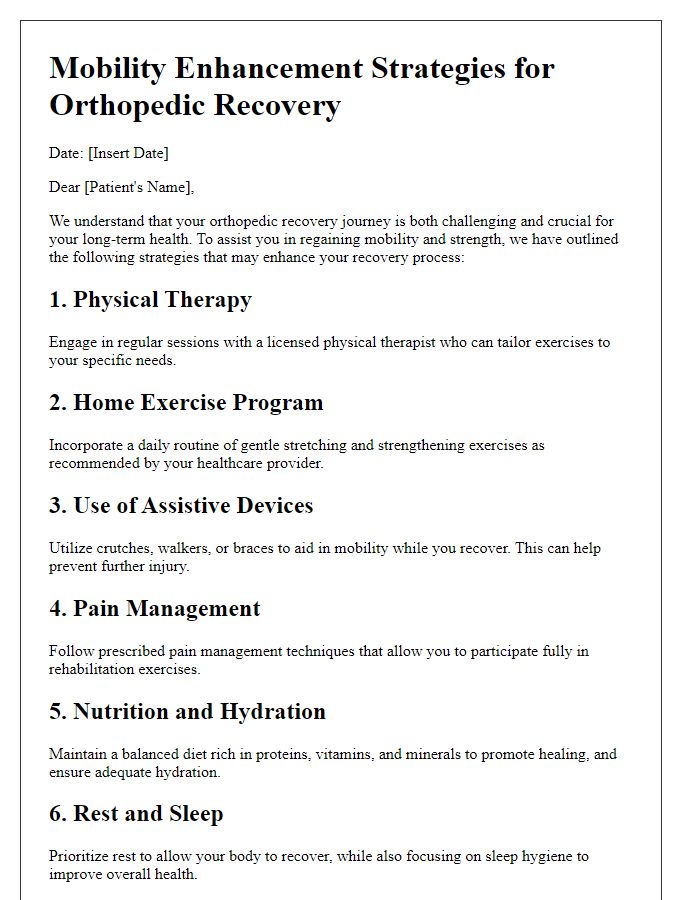 Letter template of mobility enhancement strategies during orthopedic recovery