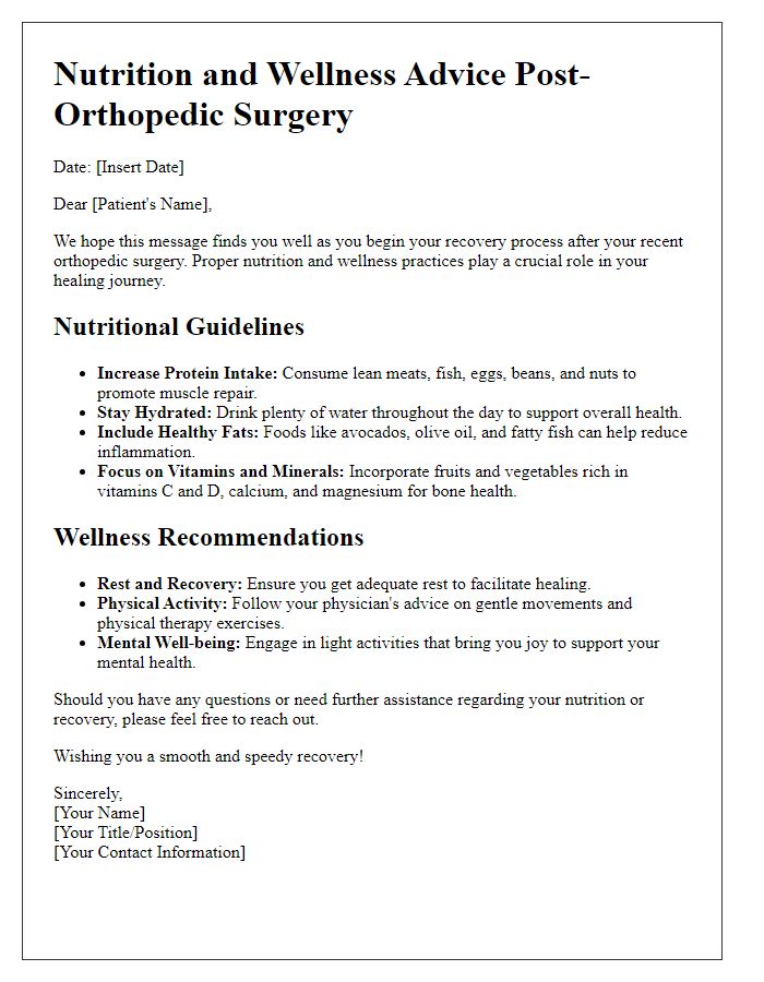 Letter template of nutrition and wellness advice after orthopedic surgery