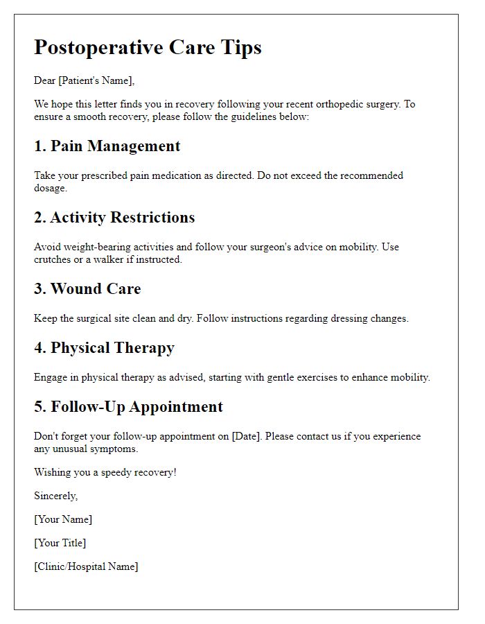 Letter template of postoperative care tips after orthopedic surgery