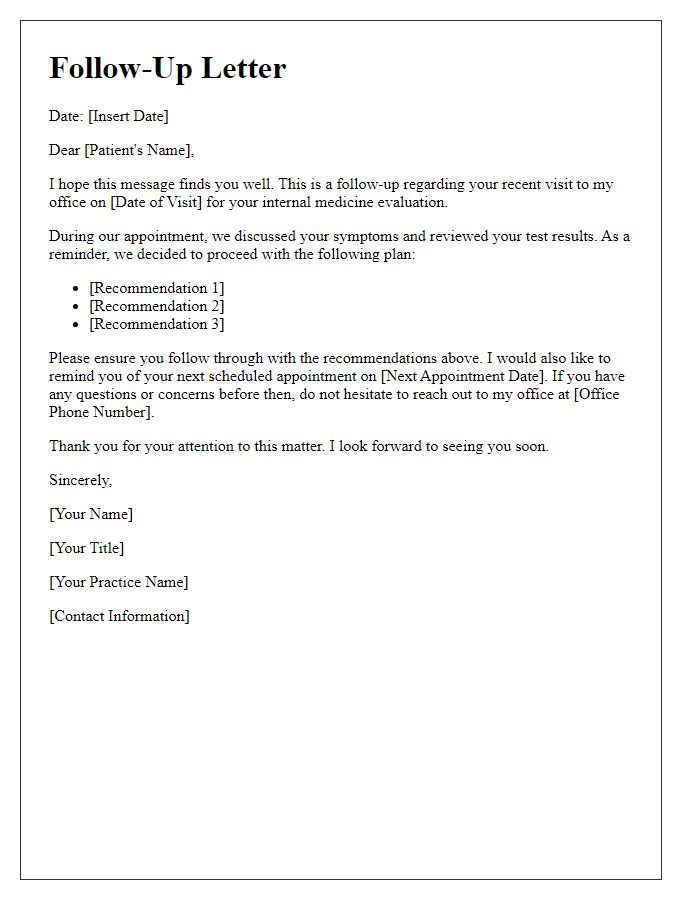 Letter template of internal medicine specialist follow-up letter