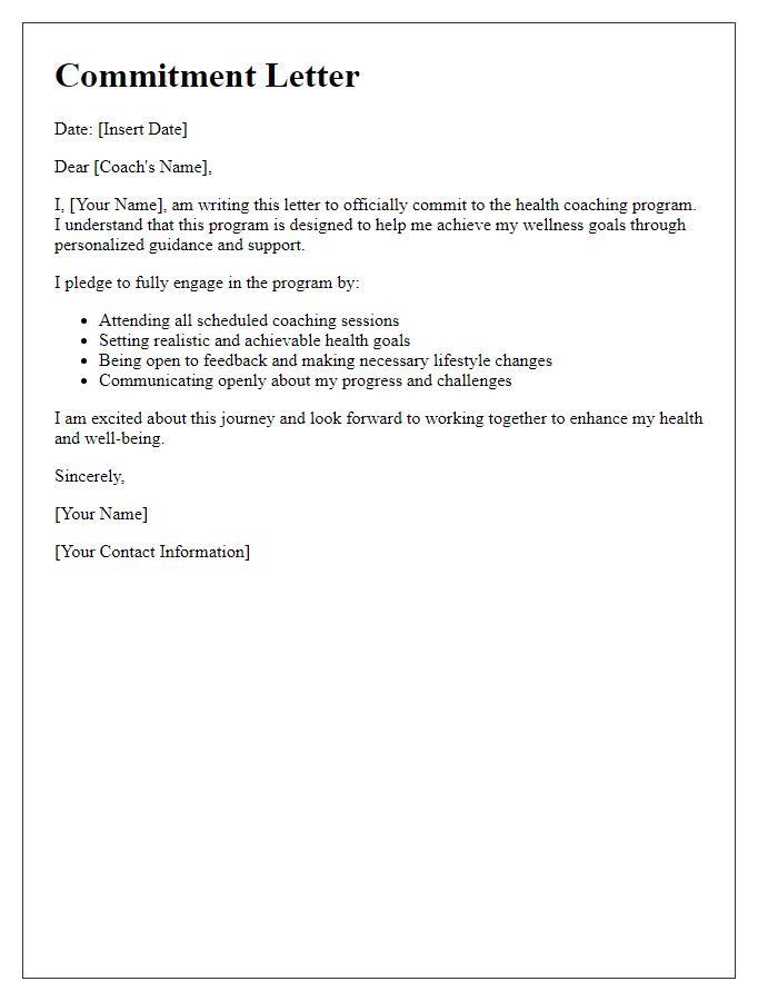 Letter template of commitment to health coaching program