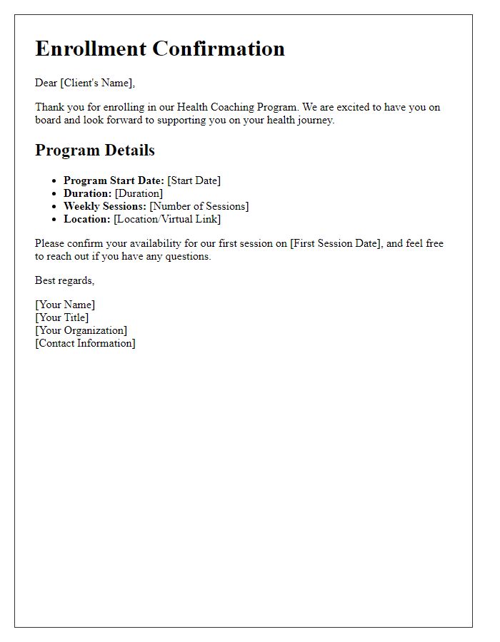 Letter template of confirmation for health coaching program enrollment