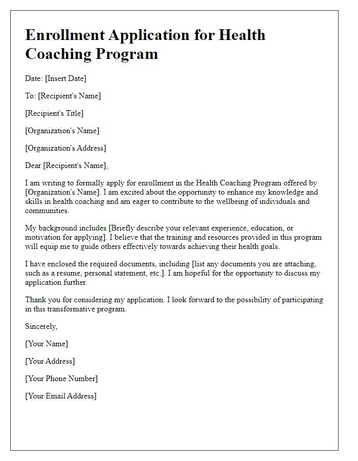 Letter template of enrollment for health coaching program application