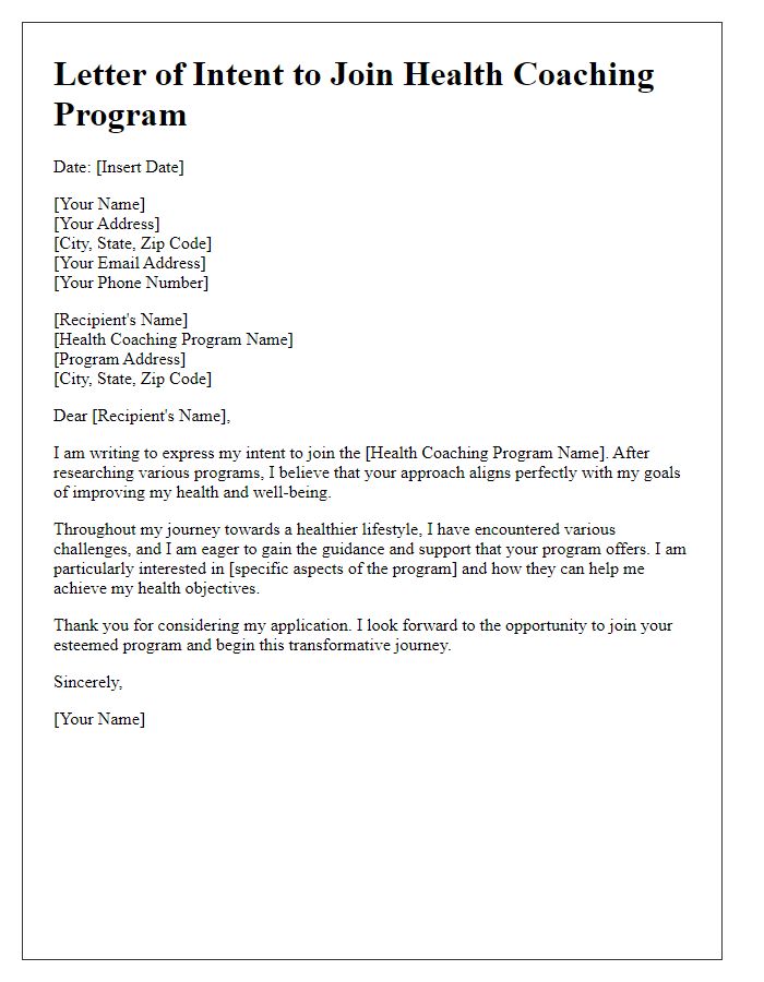 Letter template of intent to join health coaching program