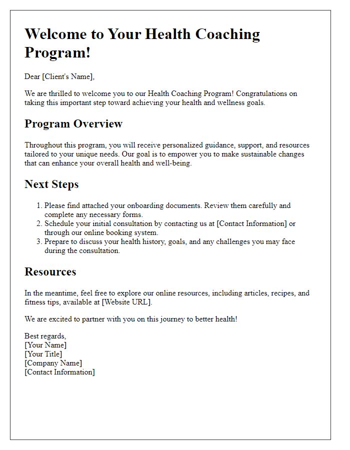 Letter template of onboarding for health coaching program