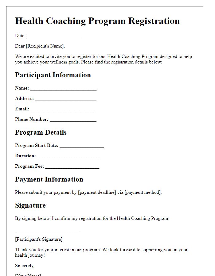 Letter template of registration for health coaching program