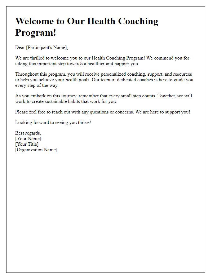 Letter template of welcome to health coaching program