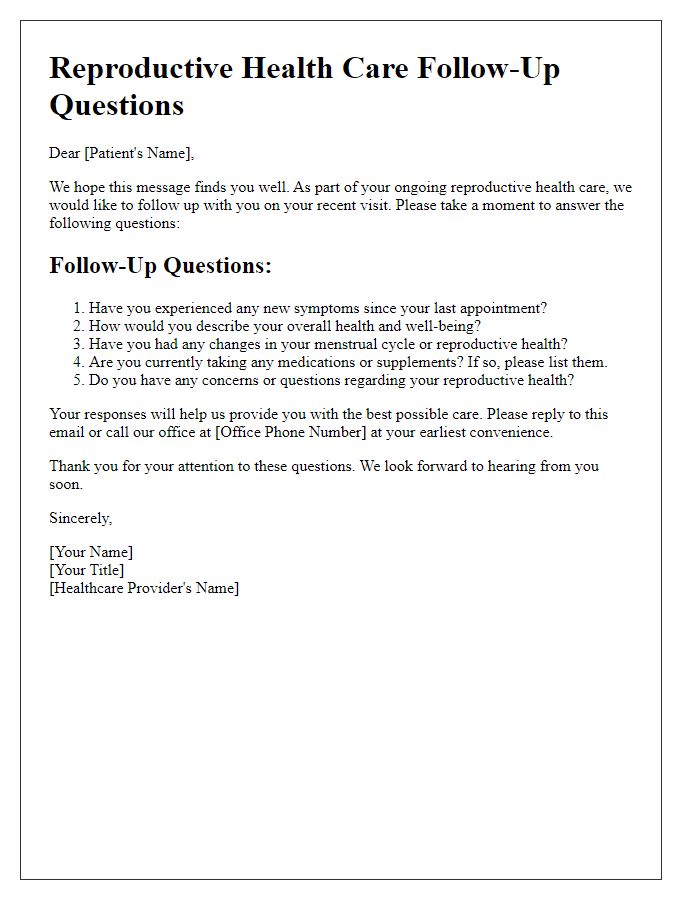 Letter template of reproductive health care follow-up questions