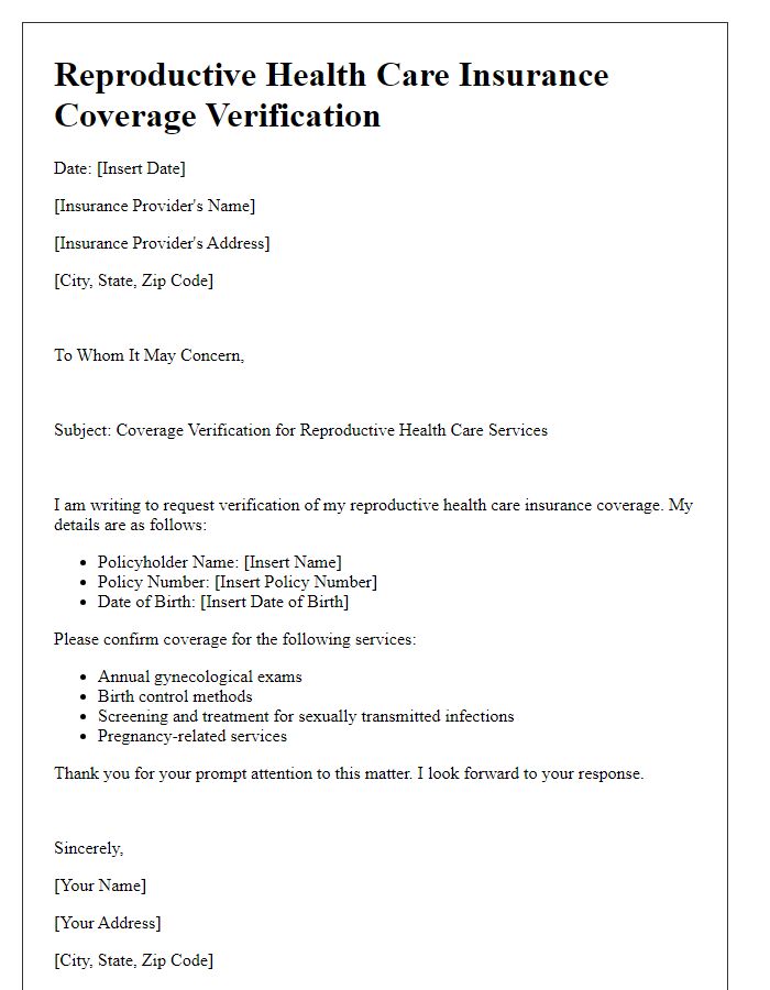 Letter template of reproductive health care insurance coverage verification