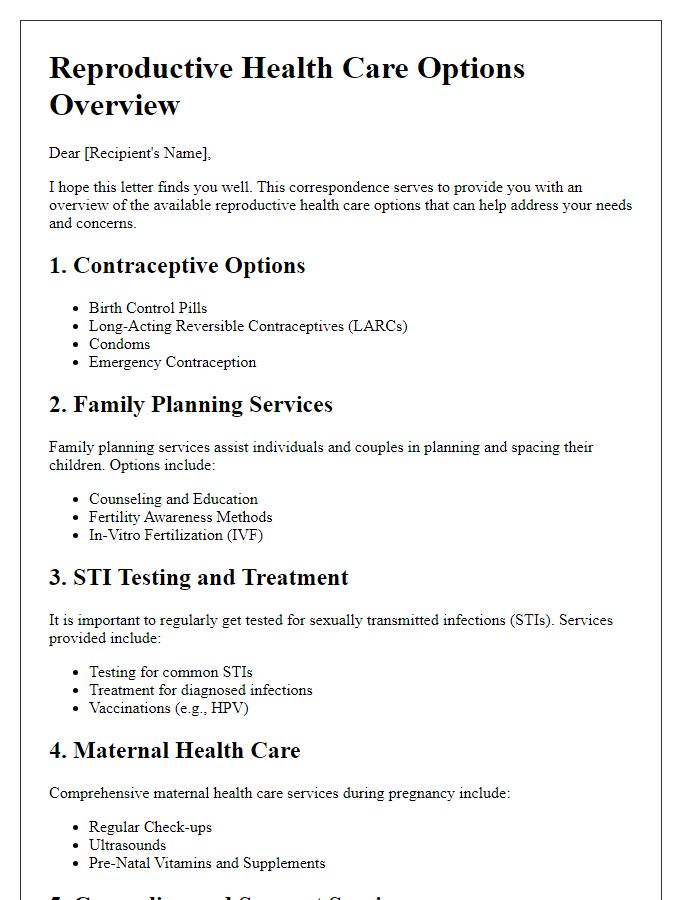 Letter template of reproductive health care options overview