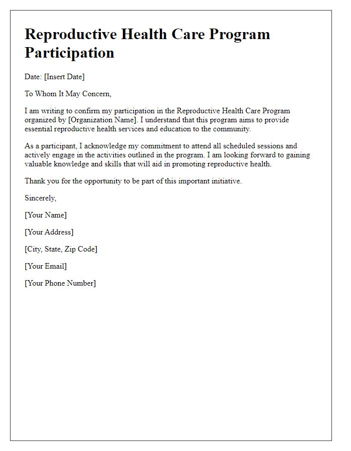 Letter template of reproductive health care program participation