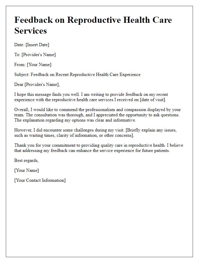 Letter template of reproductive health care provider feedback