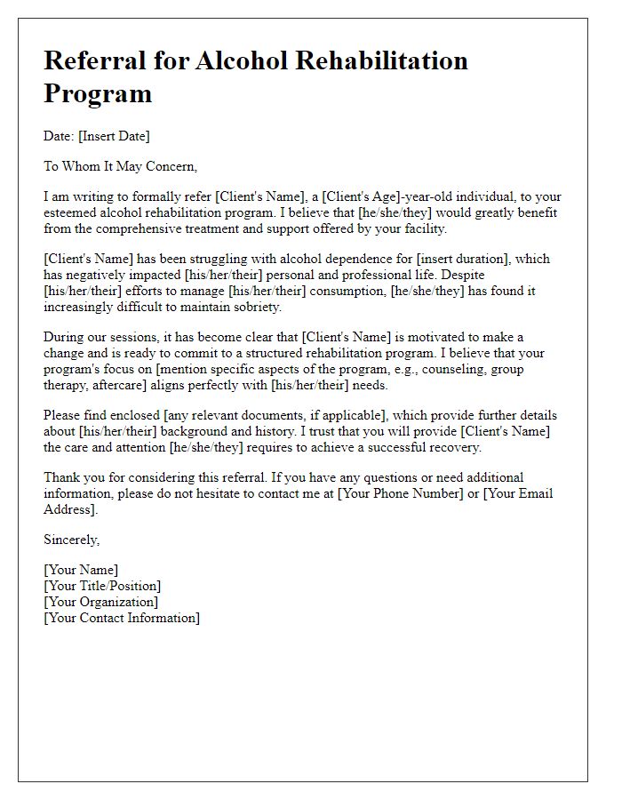 Letter template of referral for alcohol rehabilitation program for adults.