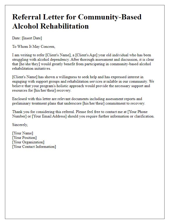 Letter template of referral for community-based alcohol rehabilitation initiatives.