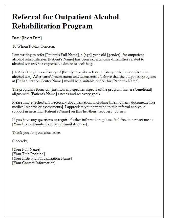 Letter template of referral for outpatient alcohol rehabilitation program.