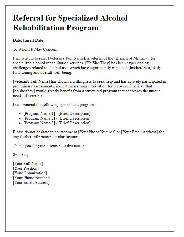 Letter template of referral for specialized alcohol rehabilitation programs for veterans.