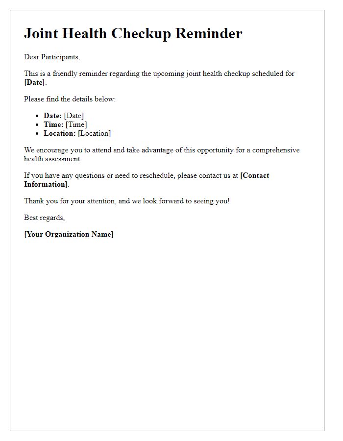 Letter template of joint health checkup reminder for participants