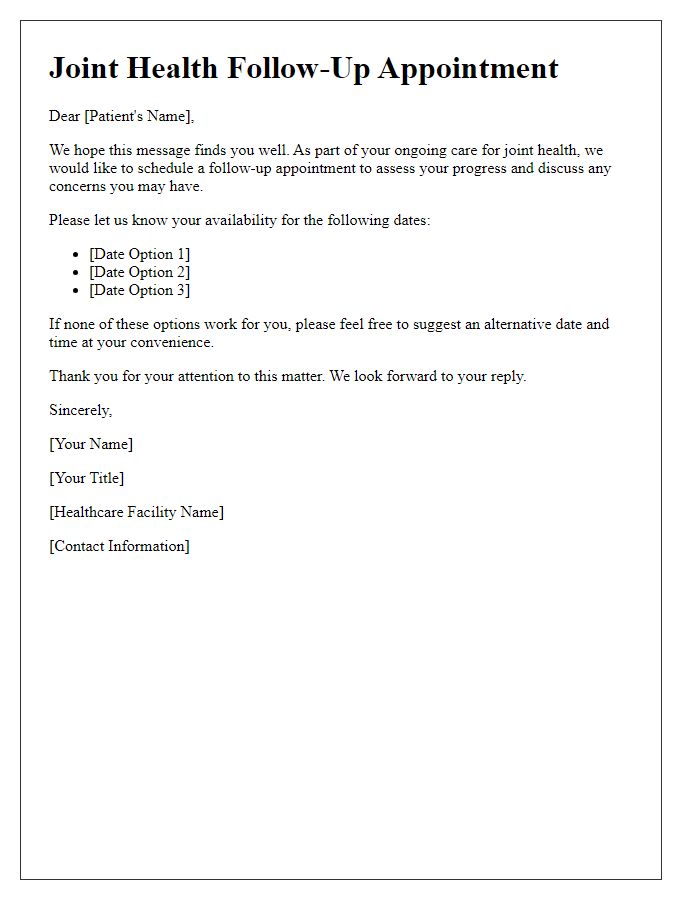 Letter template of joint health follow-up appointment scheduling