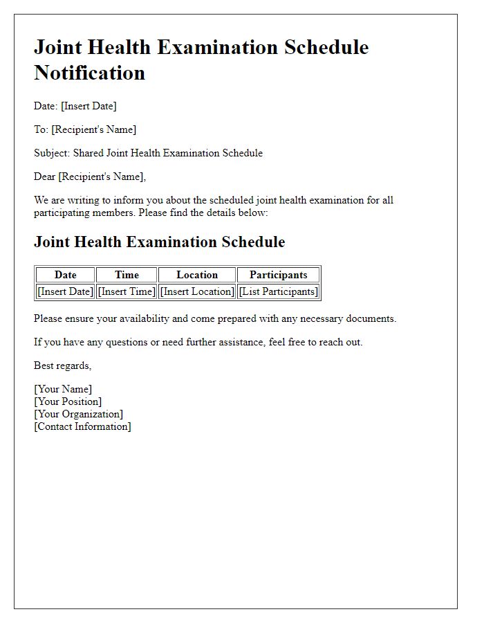 Letter template of shared joint health examination schedule