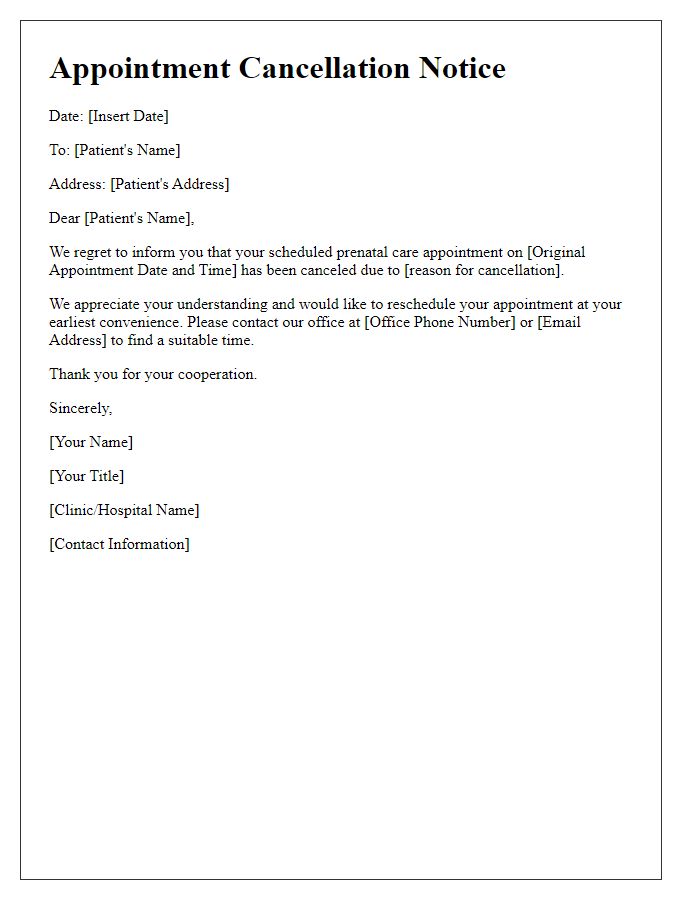 Letter template of prenatal care appointment cancellation