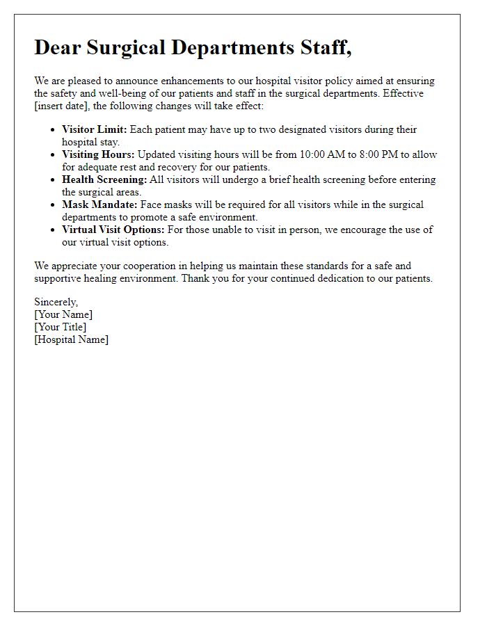 Letter template of hospital visitor policy enhancements for surgical departments