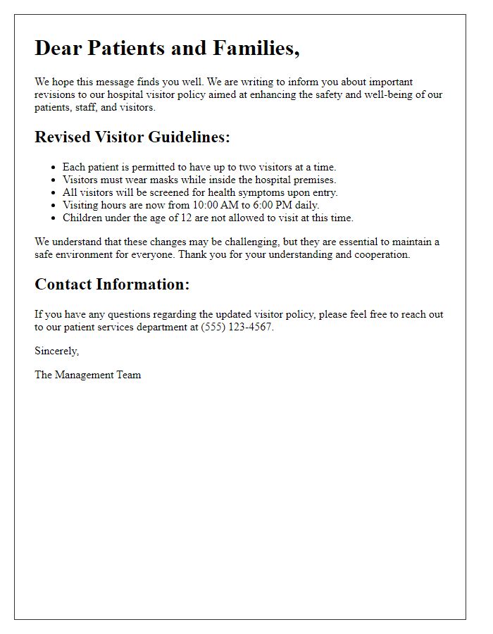 Letter template of hospital visitor policy revisions for patients