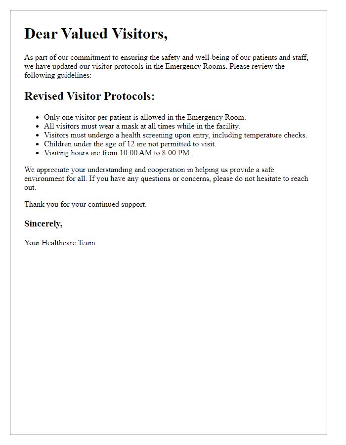 Letter template of revised visitor protocols for emergency rooms