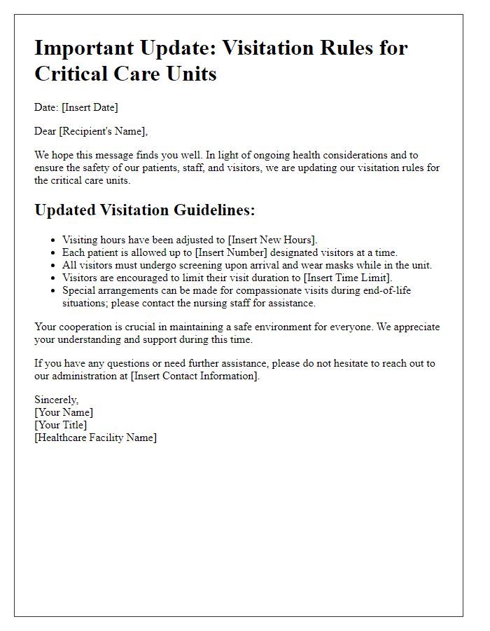 Letter template of updated visitation rules for critical care units