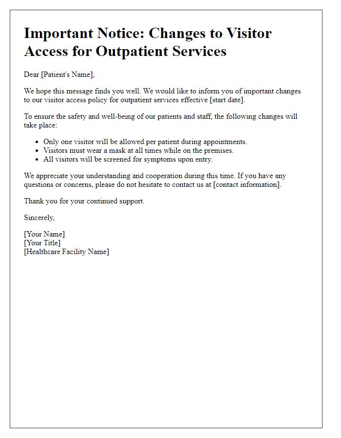 Letter template of visitor access changes for outpatient services