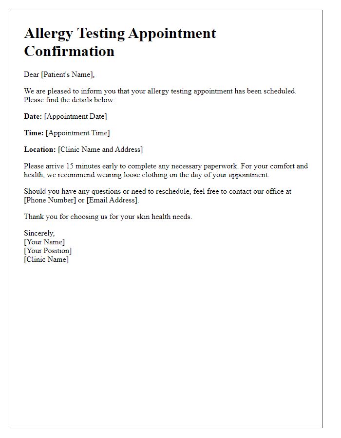 Letter template of Allergy Testing Appointment for Skin Health