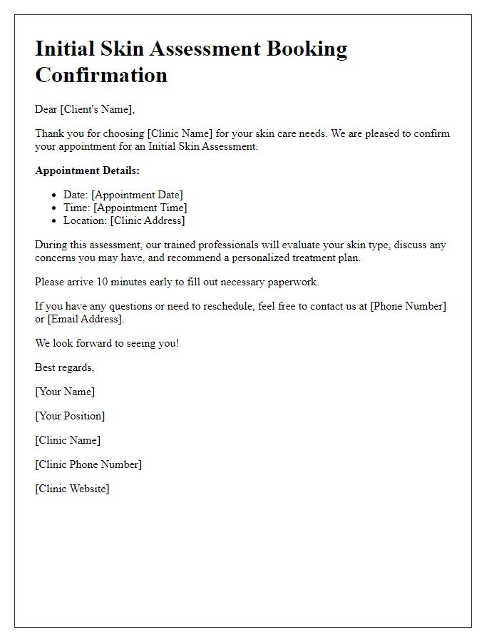 Letter template of Initial Skin Assessment Booking