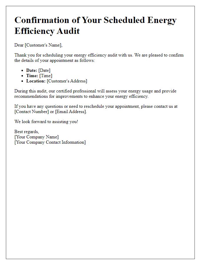 Letter template of confirmation for scheduled utility energy efficiency audit