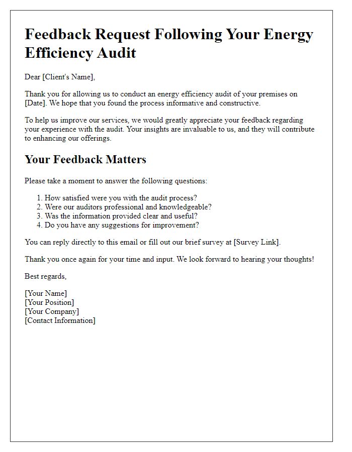 Letter template of feedback request post energy efficiency audit