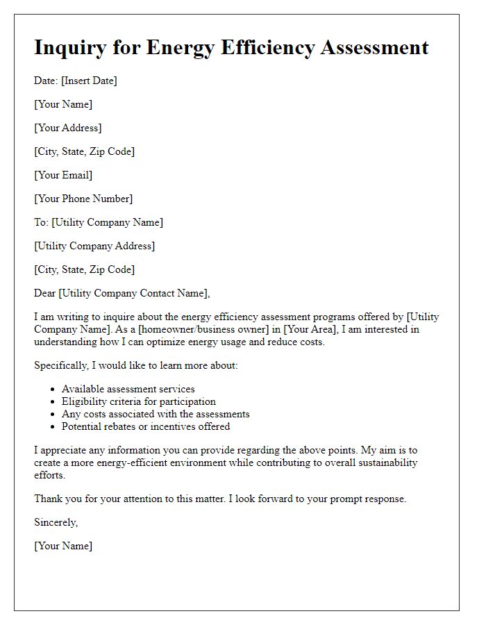 Letter template of inquiry for energy efficiency assessment from utilities