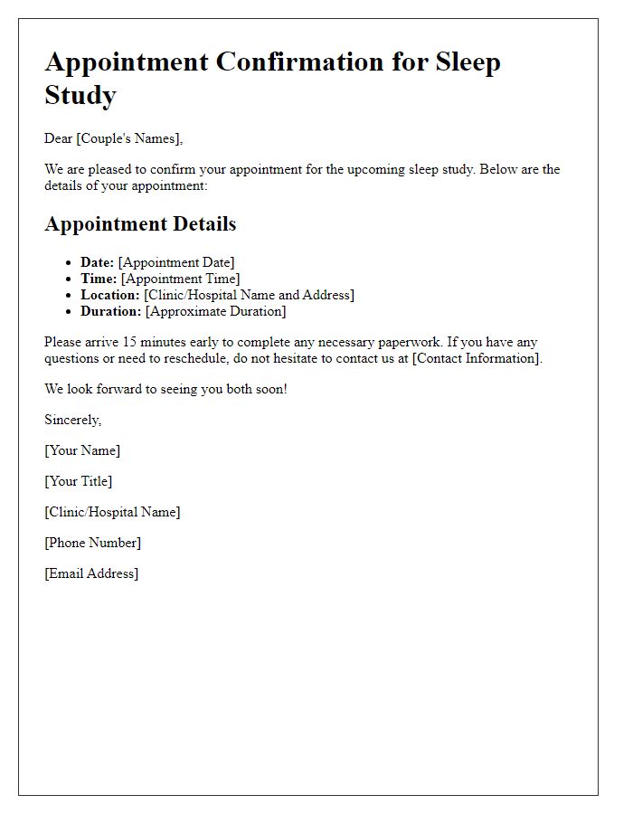 Letter template of sleep study appointment confirmation for a couple's study.