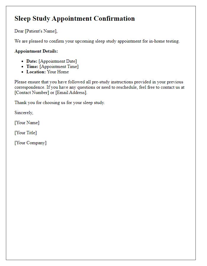 Letter template of sleep study appointment confirmation for in-home testing.