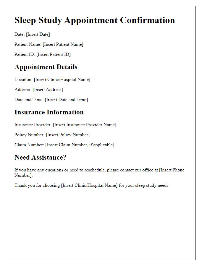 Letter template of sleep study appointment confirmation for insurance purposes.