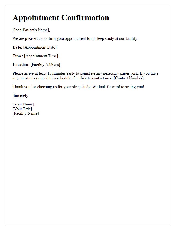 Letter template of sleep study appointment confirmation for a new patient.