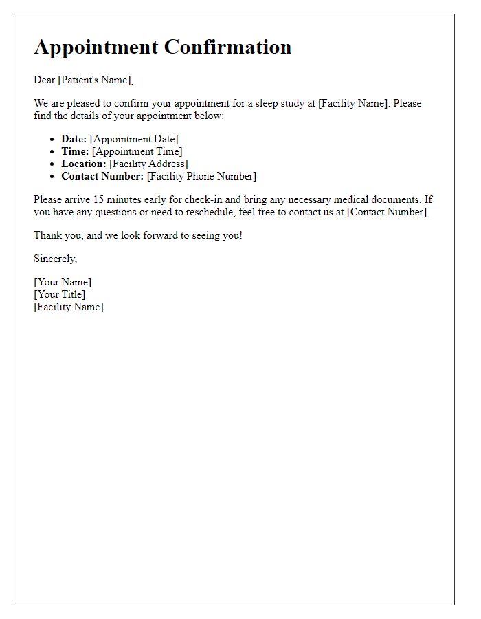 Letter template of sleep study appointment confirmation for outpatient services.