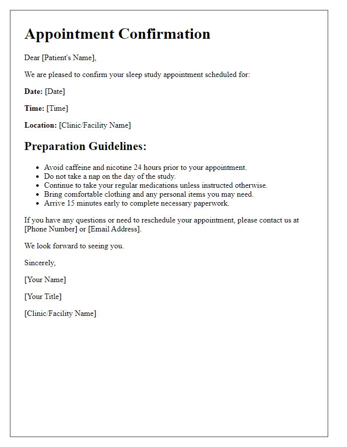 Letter template of sleep study appointment confirmation with preparation guidelines.