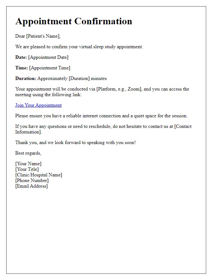 Letter template of sleep study appointment confirmation for a virtual appointment.