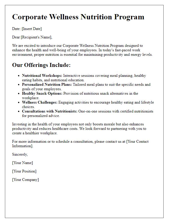 Letter template of corporate wellness nutrition offerings