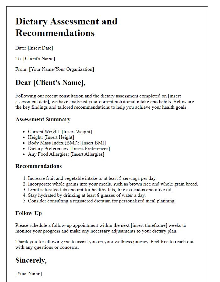 Letter template of dietary assessment and recommendations