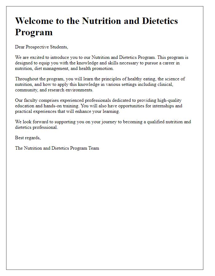 Letter template of nutrition and dietetics program introduction