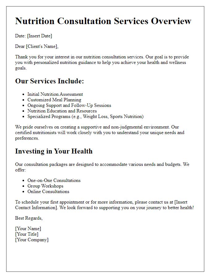 Letter template of nutrition consultation services overview