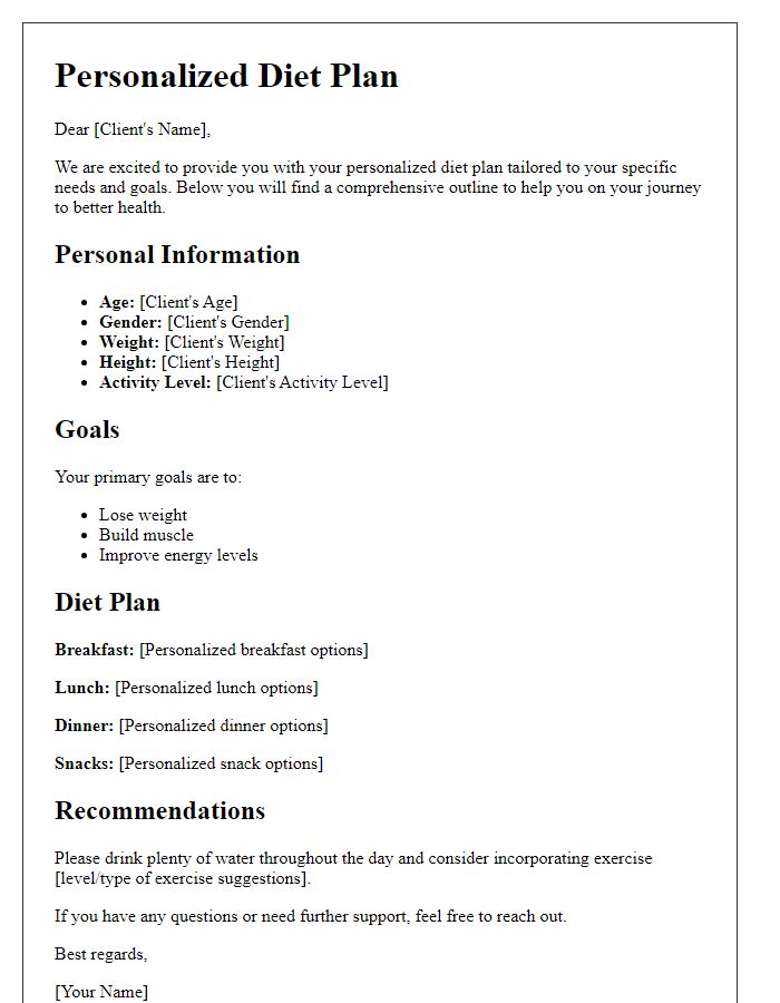 Letter template of personalized diet plans for clients