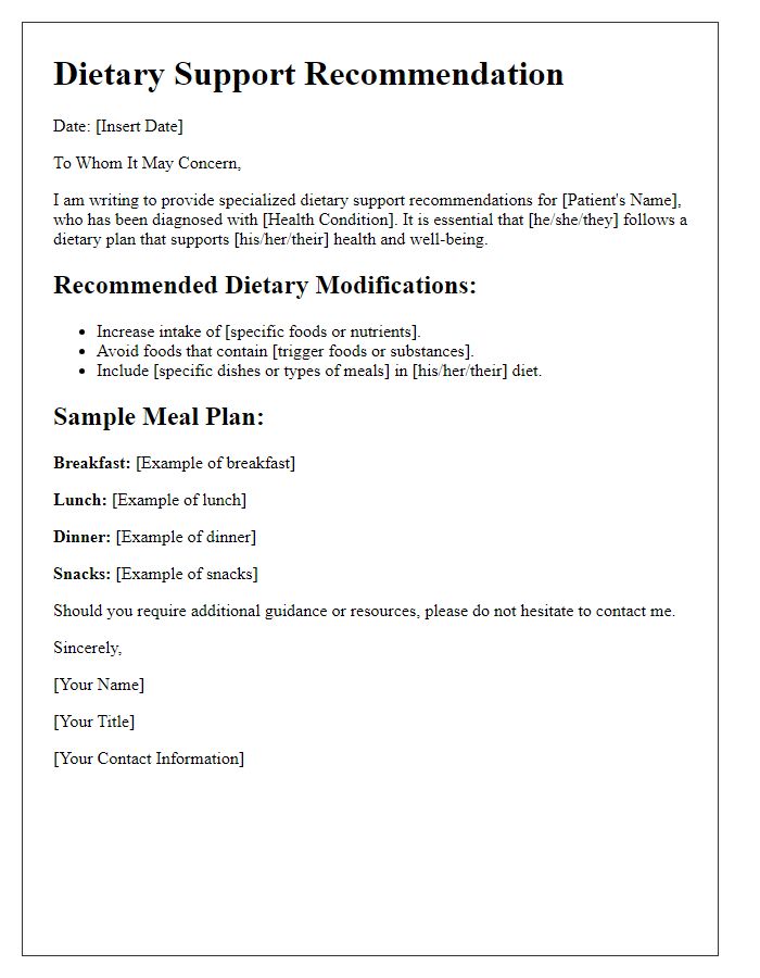 Letter template of specialized dietary support for health conditions