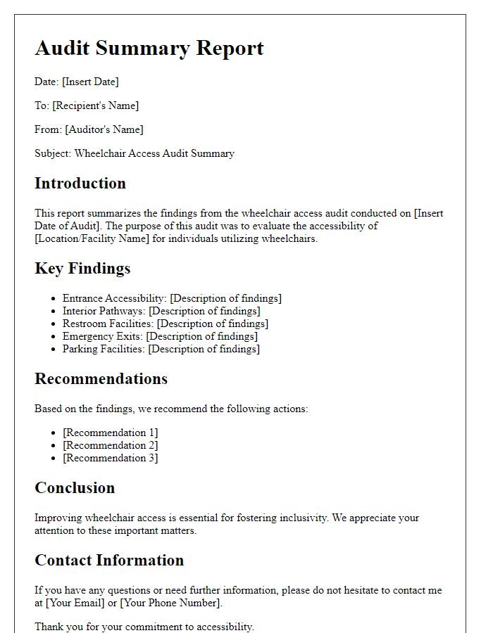 Letter template of audit summary for wheelchair access