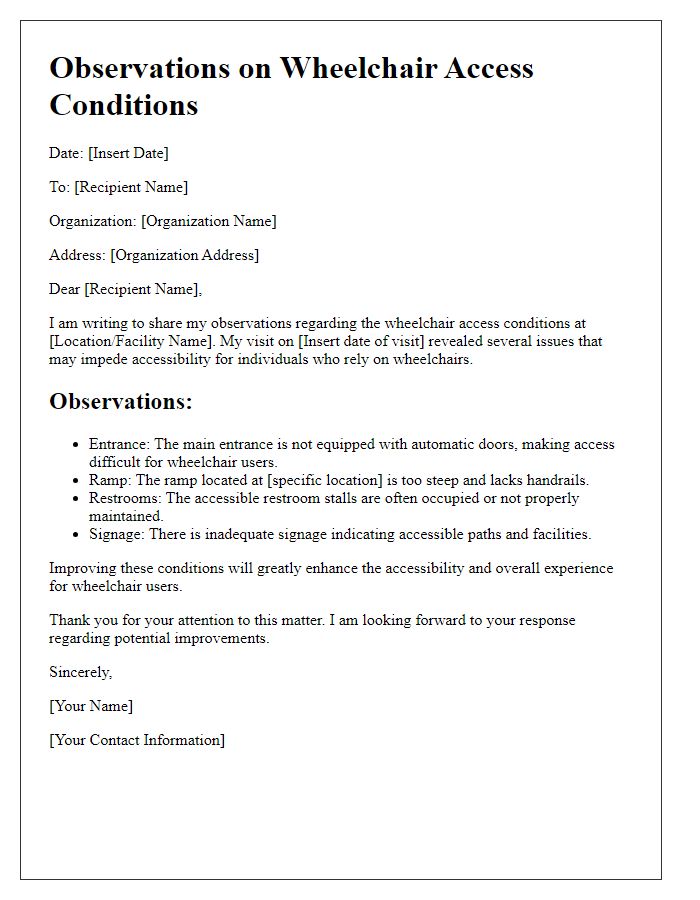 Letter template of observations on wheelchair access conditions