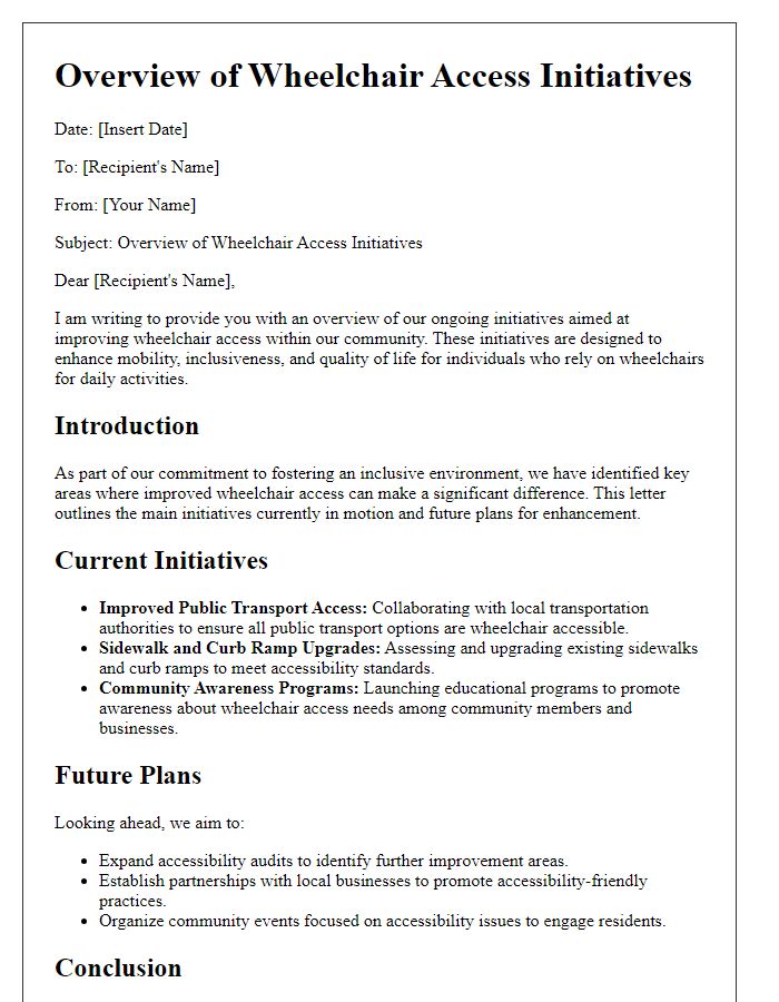 Letter template of overview for wheelchair access initiatives